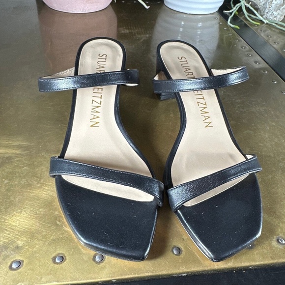 Stuart Weitzman Block Heel Sandal 7.5 Aleena Slide Two Strap Leather Chic Black - Picture 6 of 9